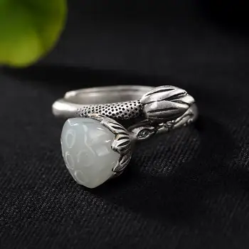 S990 Rent Sølv Indlagt Hetian Jade Lotus Ring Women ' s Open Jade-Lavet Seedpod af Lotus Ring Naturlige Hetian Jade Sølv Ring