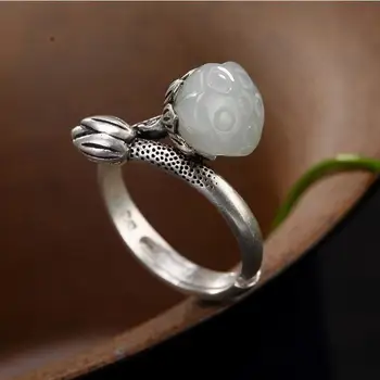 S990 Rent Sølv Indlagt Hetian Jade Lotus Ring Women ' s Open Jade-Lavet Seedpod af Lotus Ring Naturlige Hetian Jade Sølv Ring