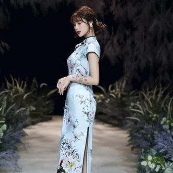 Satin Dame Kinesisk Kjole Print Blomst Lang Cheongsam Overdimensionerede 4XL Vestidso Mandarin Collar Vintage Elegant Party Aften Kjole
