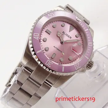 Selv snoede 40mm safir glas pink dial keramiske bezel dato vindue menswatch