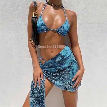 Sexet 3 Stykke Badedragt Kvinder Tie Dye Push Up Polstret Biquini Brasilianske Sommer Badedragt G-Streng Bikini 2021 Badetøj Kvinder Nederdel