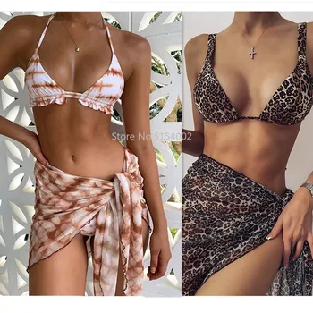 Sexet 3 Stykke Badedragt Kvinder Tie Dye Push Up Polstret Biquini Brasilianske Sommer Badedragt G-Streng Bikini 2021 Badetøj Kvinder Nederdel