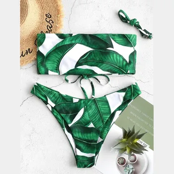 Sexet Badetøj Kvinder Tube Top Bikini 2021 Mujer Bandage To-Delt Badedragt Stropløs Bikini Sæt Push-Up-Blad Print Badedragt