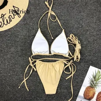 Sexet Brasilianske G-Streng Bikini Mujer Badetøj Kvinder 2021 Bandage Solid Badedragt Micro Bikini Sæt Sommer Strandtøj Svømmetur Kulør