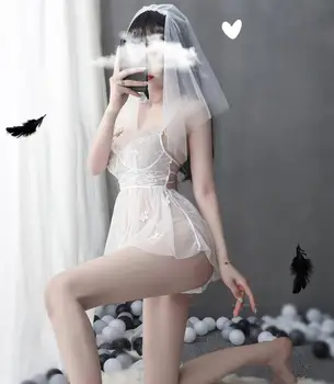 Sexet Kvinder Brud Cosplay Hvid Stuepige Uniform Porno Brude Lingeri Lace Søde Kostumer Honymoon Brudekjole