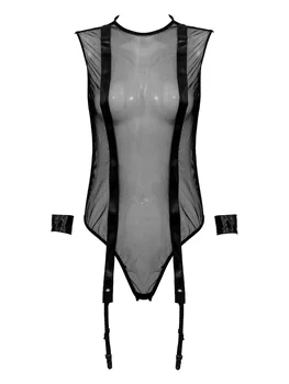 Sexet Kvinder Jumpsuit Se-gennem Trikot Bodysuit Imiteret Læder Patchwork High Cut Ærmeløs Undertøj med hofteholder Cuff