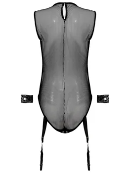 Sexet Kvinder Jumpsuit Se-gennem Trikot Bodysuit Imiteret Læder Patchwork High Cut Ærmeløs Undertøj med hofteholder Cuff