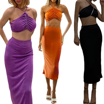 Sexet Kvinder passer til To-stykke Sommer Tøj Casual Sæt ensfarvet Ærmer Crop Tops og en Lang Nederdel Lilla Sort Orange