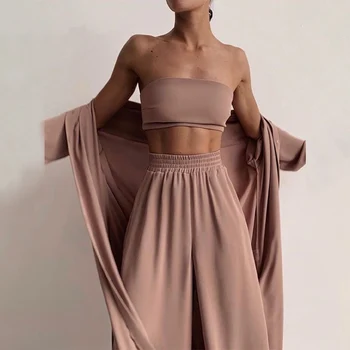 Sexet Kvinder, Tre-Delt Sæt Mode Afslappet Wrap Solid Toppe Og Bred Ben Bukser Passer Homewear Elegante Bløde Kvindelige Stykke 3 Udstyr
