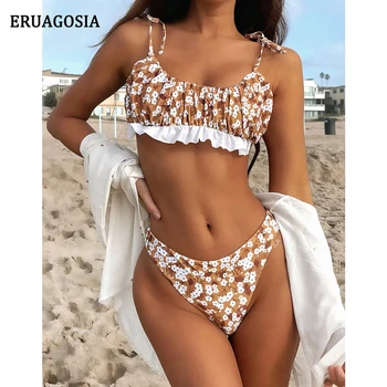 Sexet Plisserede Blomstret Bikini 2021 Kvinde High Cut Badetøj Badetøj, Bikinier Kvinder Sat Brasilianske Biquini Kvindelige Stranden I Badetøj
