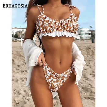 Sexet Plisserede Blomstret Bikini 2021 Kvinde High Cut Badetøj Badetøj, Bikinier Kvinder Sat Brasilianske Biquini Kvindelige Stranden I Badetøj