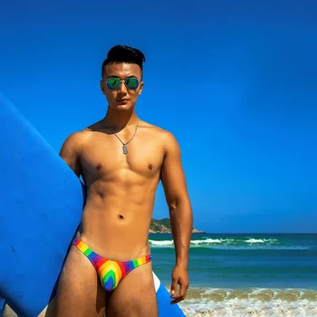 Sexet rainbow print stramme lav talje mænd badetøj 2021 gay-bikini badetøj svømme trusser, badetøj forskellige penis pouch size