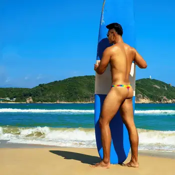 Sexet rainbow print stramme lav talje mænd badetøj 2021 gay-bikini badetøj svømme trusser, badetøj forskellige penis pouch size