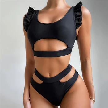 Sexet Sort Pjusket Bikinier 2021 Mujer Høj Talje Badedragt Kvinder Push Up Badetøj Skåret Ud Badedragt Brasilianske G-Streng Bikini Sæt