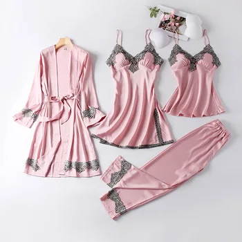 Sexet tynde nattøj 4-piece suit kvinder ' s ice silke natkjole med brystet pude og slynge pyjamas