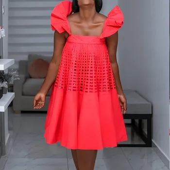 Sexet Ærmer og Ryg-Grid Hule Ud Løs Casual Solid Farve Kvinders Kjole 2021 Sommeren Nye Western Stil Oversize Afrikanske