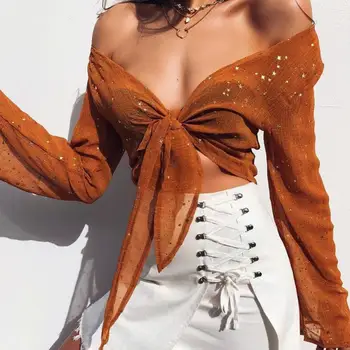 Sexy Women Gold Stamping Deep V Neck Chest Bandage See Through Loose Crop Top