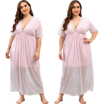 Sexy Women Short Sleeve Sleepwear Summer Lace Mesh Nightgown Long Nightdress Nightie Deep V Neck Night Dress Plus Size Nightwear