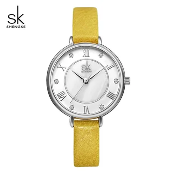 Shengke Brand Kvinders Quartz Krystal Rhinestone Skive Læder armbåndsur til Reloj Mujer 2019 Mænds Mekanisk Ur