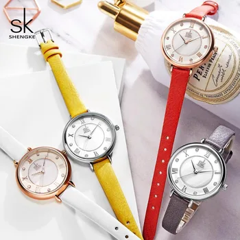 Shengke Brand Kvinders Quartz Krystal Rhinestone Skive Læder armbåndsur til Reloj Mujer 2019 Mænds Mekanisk Ur