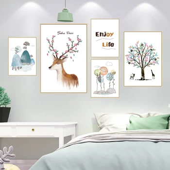 [shijuekongjian] Hjorte Animall Wall Sticker Vinyl DIY Træ Bjergene Vægmaleri Decals for Kids Soveværelse, Stue, Hus Dekoration