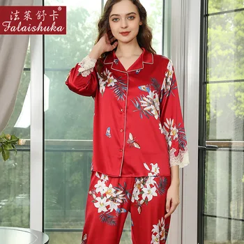Silke Pyjamas Sæt Homewears Kvinder Rød Blomstret Print 2021 Sommer Forår Dame Hjem Bærer To-Delt Pyjamas Sæt Nattøj