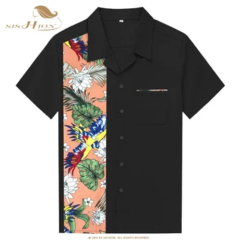 SISHION Korte Ærmer Bowling Shirts 50'er Rock ST110 Sorte Fugle Palm Print Mænd Bomuld'er Vintage Skjorter