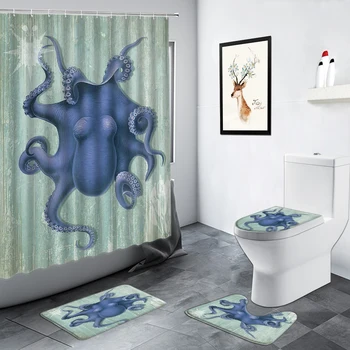 Sjove Blæksprutte badeforhæng Ocean Dyr Kreative Personlighed Indretning Badekar Måtten skridsikker Tæppe WC Tæpper Toilet Badeværelse Sæt Måtter