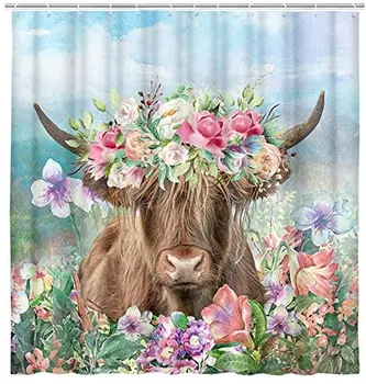 Sjove Highland Cowfor Badeværelse,Longhorn Bull Kvæg Hoved med Blomster Krans i Rustikke Blomst Badekar Farmhous Badeværelse Indretning