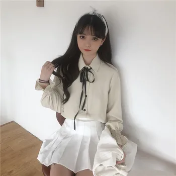 Skjorter Kvinder skoleelever Dejlige Lanterne Ærme Dame Shirt Turn-down Krave koreansk Stil Enkle Fritid Hunner Smarte Bluse