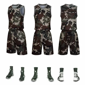 Skov camouflage mænds basketball Uniformer Kits , Hurtig Tørre Mænd College Tilbagevenden Basketball Trøje Sæt Dobbelt Lomme Shorts