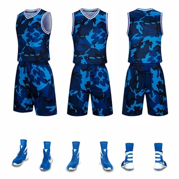 Skov camouflage mænds basketball Uniformer Kits , Hurtig Tørre Mænd College Tilbagevenden Basketball Trøje Sæt Dobbelt Lomme Shorts