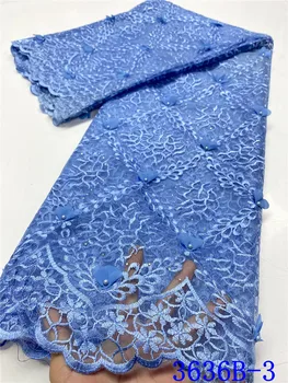 Sky Blue 3D Pynt Lace Fabrics Afrikanske fransk Mesh Tyl Stof med Blonder og Perler Nigeria Mesh Net Blonder for Syning APW3636B