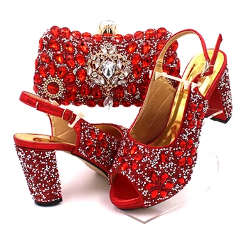 Slingbacks Sandaler med Matchende Taske i Rød Farve Nigerianske Damer Høj Kvalitet med Skinnende Krystal til bryllupsfest