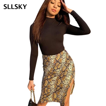 Sllsky Nye Snake Printted Kvinder Nederdele 2021 Forår Sommer Casual Street Fashion I Høj Talje Slank Split Kvindelige Blyant Nederdel