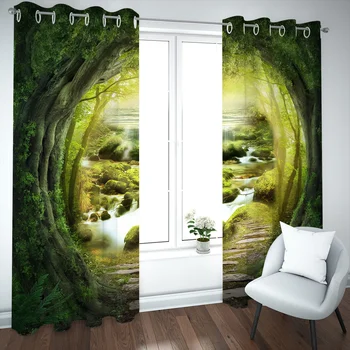 Smuk Foto Mode Tilpasset 3D Gardiner grønne skov gardiner 3D Vindue Gardin Til stuen