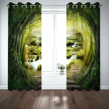 Smuk Foto Mode Tilpasset 3D Gardiner grønne skov gardiner 3D Vindue Gardin Til stuen