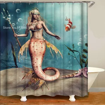 Smuk Havfrue badeforhæng 3D-Print Dyr Dolphin Blæksprutte Polyester Badeværelse Gardin For Børn Badekar Gardiner