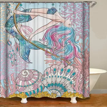 Smuk Havfrue badeforhæng 3D-Print Dyr Dolphin Blæksprutte Polyester Badeværelse Gardin For Børn Badekar Gardiner