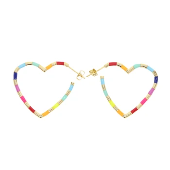 Smuk regnbue farve hjerte form hoop øreringe til kvinder dame bryllup smykker i guld farve hoop koreanske øreringe engros