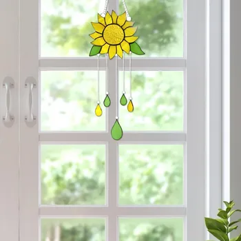 Smukke Farvede Glas Solsikke Vindue Hængende Panel Dekoration Med Kæde Til Hjemmet Ornament Home Decor Wind Chimes Pynt