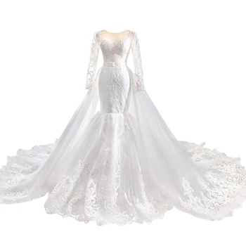 Smukke Wedding Dress 2020 Elegant V-hals, Lange ærmer Med OverSkirt Blonde Pynt brudekjolen