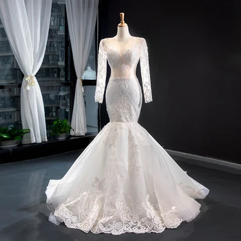 Smukke Wedding Dress 2020 Elegant V-hals, Lange ærmer Med OverSkirt Blonde Pynt brudekjolen