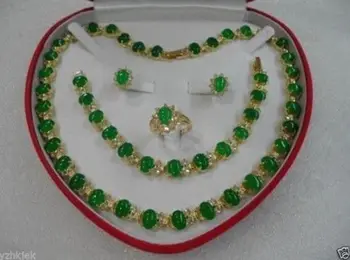 Smykker 001275 kvinders smykker grøn jade perle gul guld Øreringe Armbånd Halskæde Ring