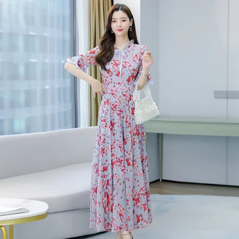Små, Knækkede Blomst sommerkjole Kvinder kortærmet Blomster Print Lang Chiffon Kjoler Plus Size M-4XL