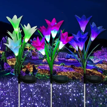Solar Light Udendørs Eventyr Haven Lys solcelledrevet Lampe med Lily Flower Multi Farve Skiftende LED Gårdhave Værftet Græsplæne Indretning Lys