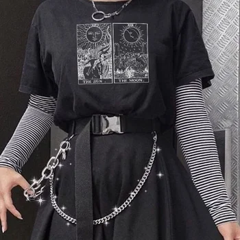 Solen, Månen T-shirt, mode, Vintage Kvinders Mørke Mønster Udskrivning Løs Punk Top Gotiske Harajuku Street Style