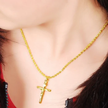 Solid Crucifix Vedhæng Gul Guld Fyldt Dame Herre Cross Jesus Vedhæng Kæde
