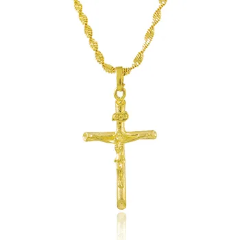 Solid Crucifix Vedhæng Gul Guld Fyldt Dame Herre Cross Jesus Vedhæng Kæde