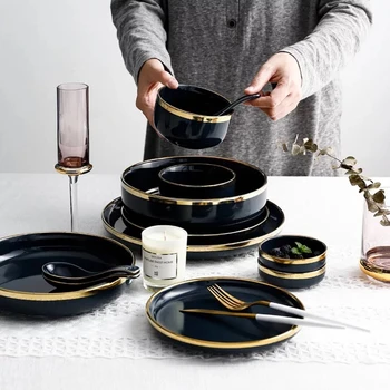 Solid Mørk blå eller lyserød farve Luksus Keramiske Middag Sæt : middag plade + accent plade + skåle +skeen Guld adge